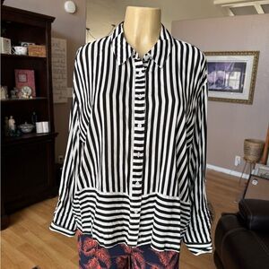 Emily Daniels black & white striped long roll tab sleeves button up blouse-XL
